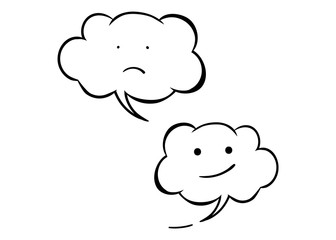 Two white vector emotional icon isolated. Sad and cheerful clouds smile. Comic and cartoon style.