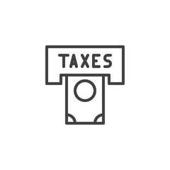 Taxes atm outline icon. linear style sign for mobile concept and web design. Money bill in tax pay machine simple line vector icon. Symbol, logo illustration. Pixel perfect vector graphics