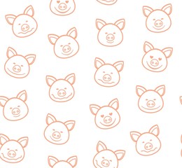 Piglets, seamless pattern, white, pink, vector. Contour faces of pigs on a white background. Pigs are laughing, different emotions. Vector flat pattern.  