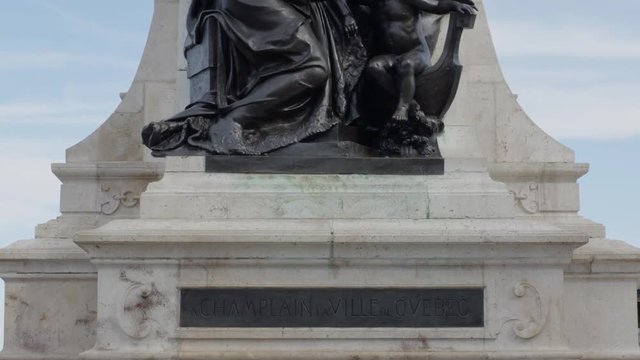 4k Pan of the Samuel de Champlain statue monument in old Quebec.