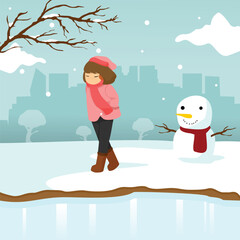Sad Lonely Girl Winter Season Scene Illustration Graphic Design