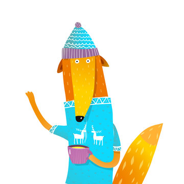 Fun fox drinking cup of tea portrait illustration. Vector cartoon.