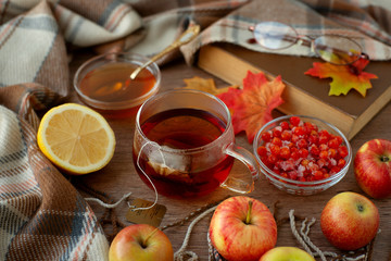 Hot autumn tea and a tea bag. Hot tea, tea bag, maple leaves, a book, a warm blanket, honey, lemon, viburnum and apples create an autumn mood. Autumn coziness.