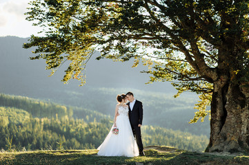 Beautiful bride and groom at the mountains
