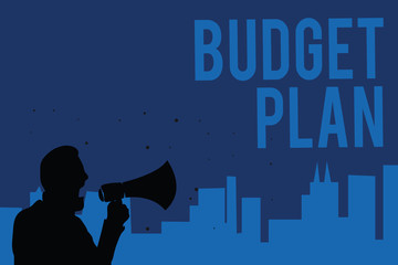 Fototapeta premium Handwriting text writing Budget Plan. Concept meaning financial schedule for a defined period of time usually year Man holding megaphone speaking politician making promises blue background.