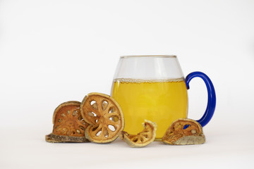 Dry beal and beal juice on white background