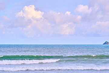 Turqiuose ocean waves view from the white sand tropical beach.Beautiful travel destination.  Nature background.