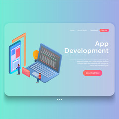 Isometric Concept of Mobile App Development, User Experience, Flat Illustration Landing Page