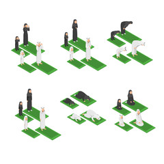 Set Infographic of Muslim Prayer, Arabian Muslim Family Praying Together, Flat 3D Vector Isometric