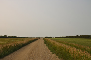 Fototapeta na wymiar Back-road in Canadian Prairies with lightly hazy sky from local wildfires.