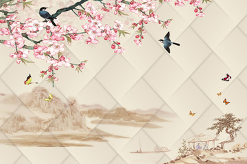 Fototapety  Motywy orientalne - wiosna, góry, sakura, ptaki