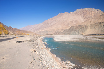 River with blue sky and mountains background, Ladakh, India