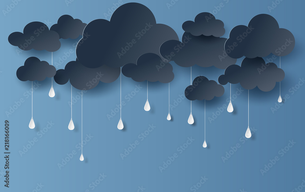 Wall mural paper art and craft style of cloud and rainy season on dark background,vector.illustration