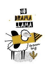 A cute alpaca is posing in a rocket. Cartoon vector poster, card design. Happy llama in rocket. No drama llama.