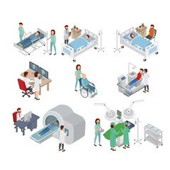 Isometric Illustration of Doctor and Patient on Hospital, Surgery, MRI Scan Diagnose, Medical Treatment. Vector Flat Illustration
