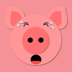 Cry emoji. Pig muzzle close up. Funny and cute pig face in cartoon style. 3d paper art. Vector. Pig icon.