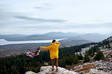 Fototapeta premium Wanderlust and Travel concept. Traveler in mountains. Hiking on mountain. Atmospheric moment
