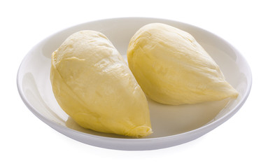 Durian the king of fruit in Thailand. Pulp of fresh Durian yellow color on dish isolated on white