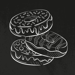 donuts with glaze and candies, cream and sweetmeats sprinkling. Sweet beautiful dessert. Clipart for a restaurant or cafe menu. Line art. Sketch style