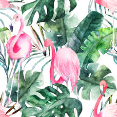 Tropisch naadloos patroon met flamingo en bladeren. Aquarel zomer print. Exotische handgetekende illustratie