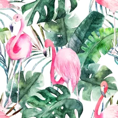 Fotobehang Jungle  kinderkamer Tropisch naadloos patroon met flamingo en bladeren. Aquarel zomer print. Exotische handgetekende illustratie