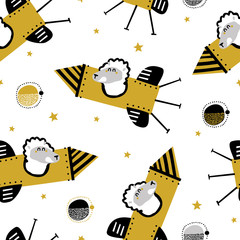 Childish seamless pattern with lama on a rocket in space. Vector texture in childish style great for fabric and textile, wallpapers, backgrounds. Creative space childish texture.