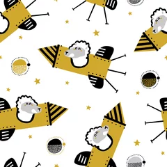  Kinderachtig naadloos patroon met lama op een raket in de ruimte. Vectortextuur in kinderachtige stijl geweldig voor stof en textiel, wallpapers, achtergronden. Creatieve ruimte kinderachtige textuur. © bukhavets