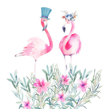 Couple pink flamingos and bouquet flowers. Watercolour print for invitation, birthday, celebration, greeting card