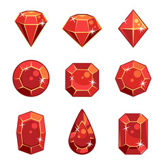 Cartoon vector red gem stones in different shapes