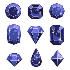Cartoon vector dark blue gem stones in different shapes