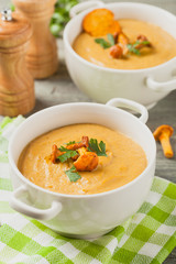 Delicious soup, cream with mushroom chanterelles.