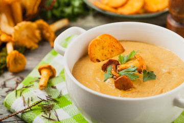 Delicious soup, cream with mushroom chanterelles.