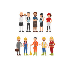 Set Character Professionals Waiters Job Chef, Barista, Cashier and Fields Worker. Flat Vector Illustration