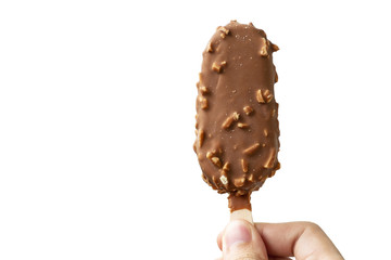 Man Holding Almond Chocolate Ice-Cream Stick on iSolated White Background with Clipping Path