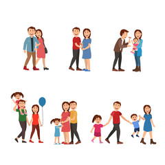 Fototapeta premium Happy family start from couple, married, have children. father, mother, son and daughter. Flat Vector Illustration