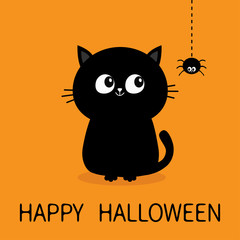 Happy Halloween. Black cat sitting silhouette looking at hanging spider insect. Dash line web. Cute cartoon character. Pet collection Greeting baby card. Flat design. Orange background. Isolated.