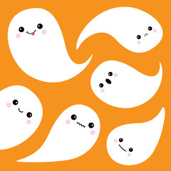 Flying ghost spirit set. Happy Halloween. Six scary white ghosts. Cute cartoon spooky character. Smiling Sad face, eyes, tongue, cheeks. Orange background Greeting card Flat design