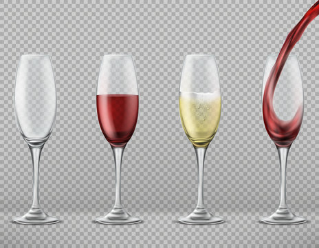 Vector realistic set of tall glasses empty, with pouring red wine, white merlot or champagne isolated on transparent background. Clipart of wineglasses, glassware for alcoholic drinks or cocktails