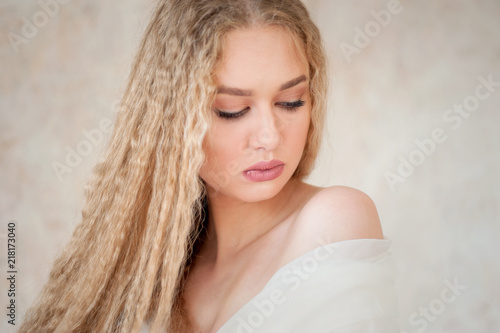 Beautiful Pale Pretty Girl Blonde Curly Portrait White Hair And