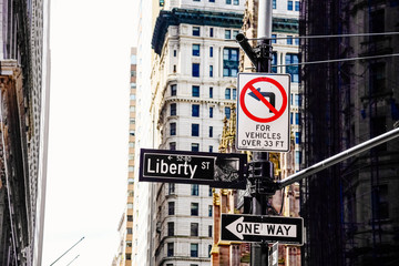 Road signs in financial district of New York City
