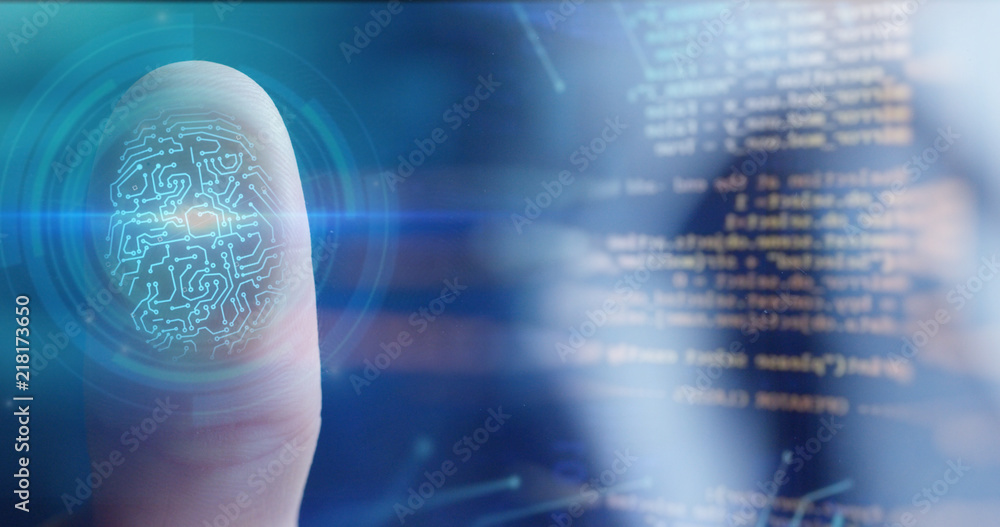 Poster businessman scan fingerprint biometric identity and approval. concept of the future of security and 