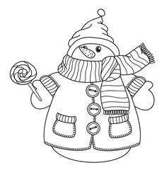 Vector   cute snowman cartoon, black  silhouette isolated on white for coloring.