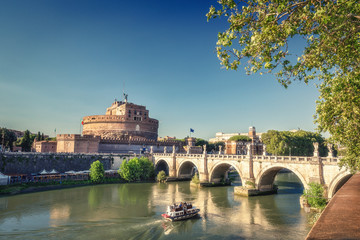 View on Castel St. Angelo in Rome, Italy. Daytime skyline. Scenic travel background.