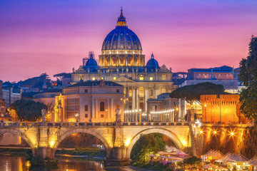 St. Peter's Basilica in Rome, Italy, at sunset. Scenic travel background. Scenic travel background. - obrazy, fototapety, plakaty