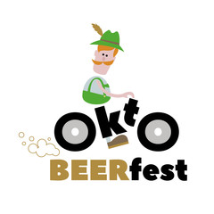 Oktoberfest. A man on a motorcycle, wearing a green hat. Text. White background. Isolated object.