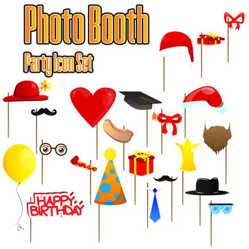 Set of party photobooth props. Vector illustrated elements on sticks for birthdays, Christmas, Graduation and other parties.