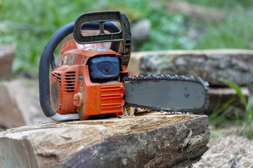 Naklejka premium Professional chainsaw on a sawn tree in the forest
