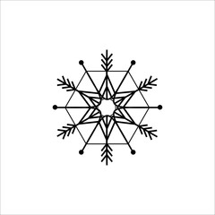Snowflake sign. Silhouette design black snowflake on white background. Symbol of Christmas holiday season. Monochrome template for prints, card. Isolated graphic element. Flat vector illustration.