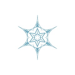 Snowflake blue sign. Silhouette design blue snowflake on white background. Symbol of Christmas holiday season. Colorful template for prints, card. Isolated graphic element. Flat vector illustration.