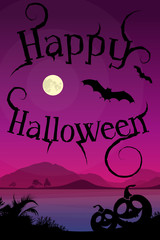Halloween trick or treat 4x6 inches greeting card with night scenery with full moon, bats and carved pumpkin on the river shore.